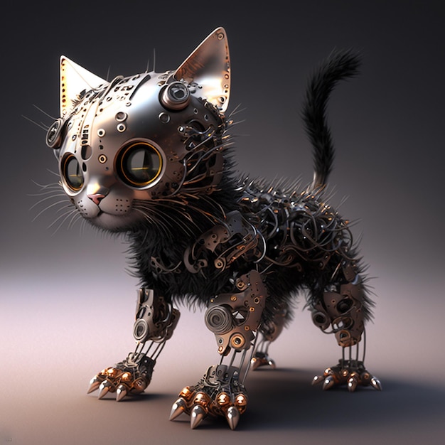 A cat with a robot face and a chain around it.