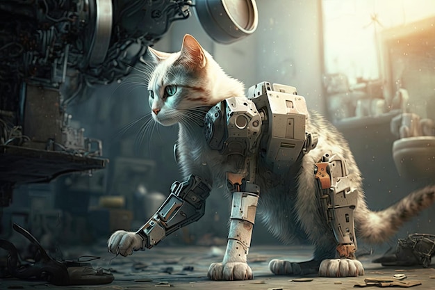 Cat with robotic leg and futuristic medical equipment in background ready for its next mission