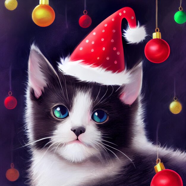 Cat with santa claus hat Merry Christmas XMas illustration