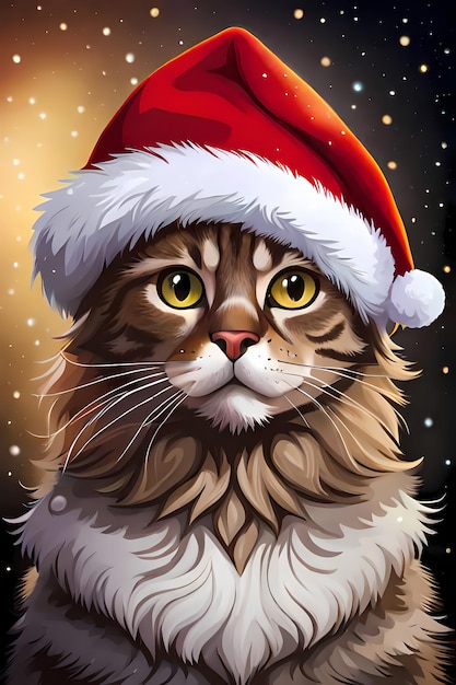 Cat with Santa hat Generative AI illustration for Christmas