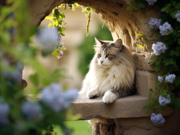 Cat with a serene and meditative look framed by a tranquil garden backdrop