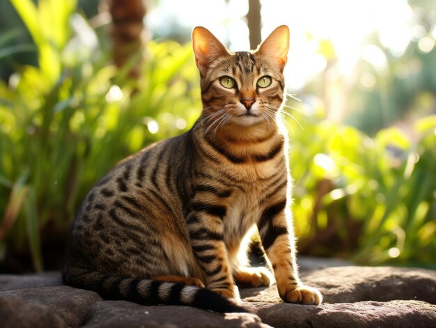 Cat with a serene and meditative look framed by a tranquil garden backdrop