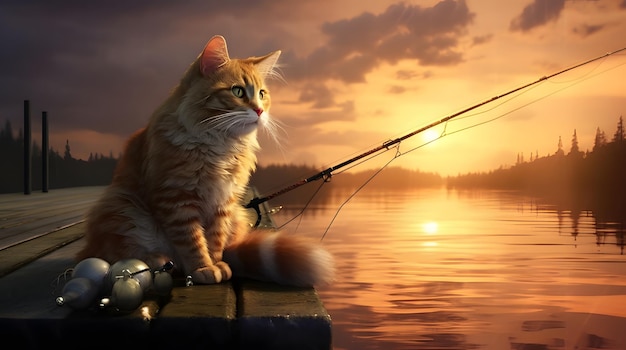 a cat with a small fishing rod sitting at the end of a pier