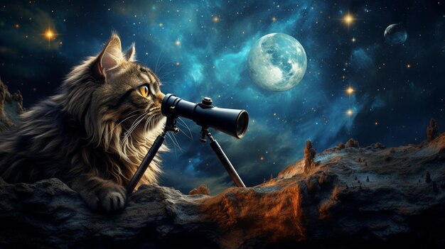 A Cat With Small Telescope As If Exploring Wallpaper