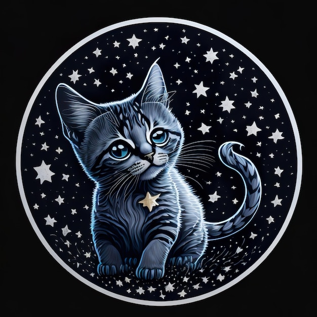 A cat with a star on its head is sitting on a black background.