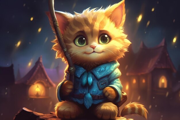 a cat with a stick and a hat with a blue shirt that says'cat'on it