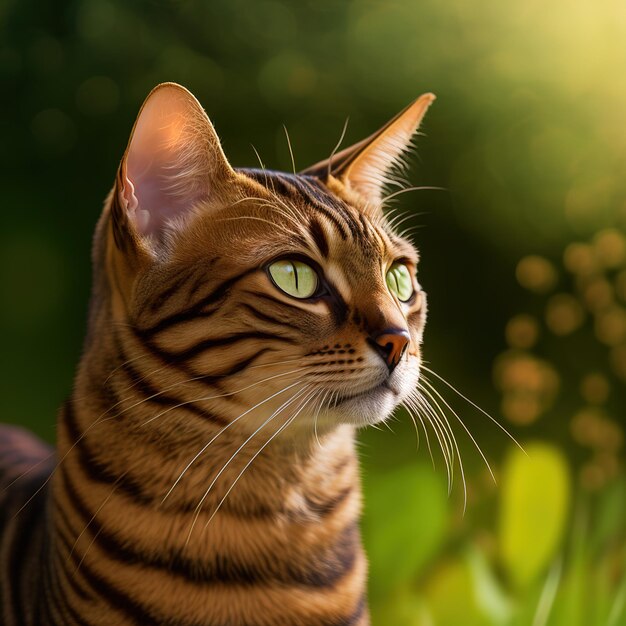 A cat with stripes on its face is looking up.