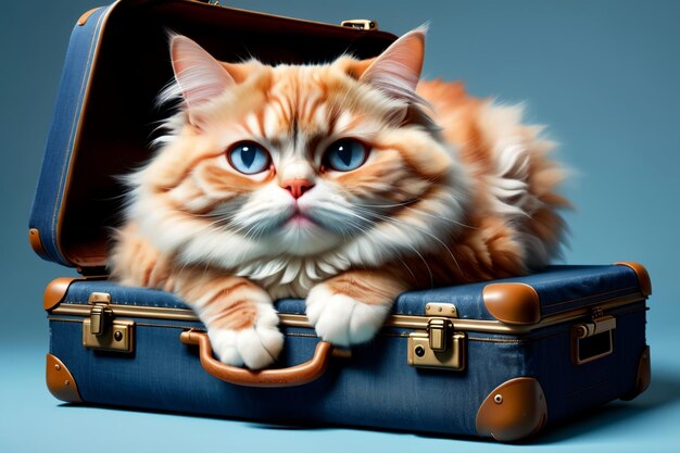 cat with a suitcase isolated on a blue background art