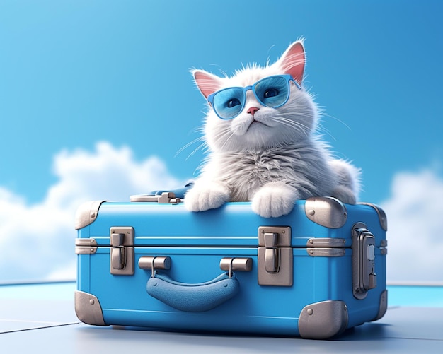 A cat with sunglasses and a blue suitcase is sitting on a table.