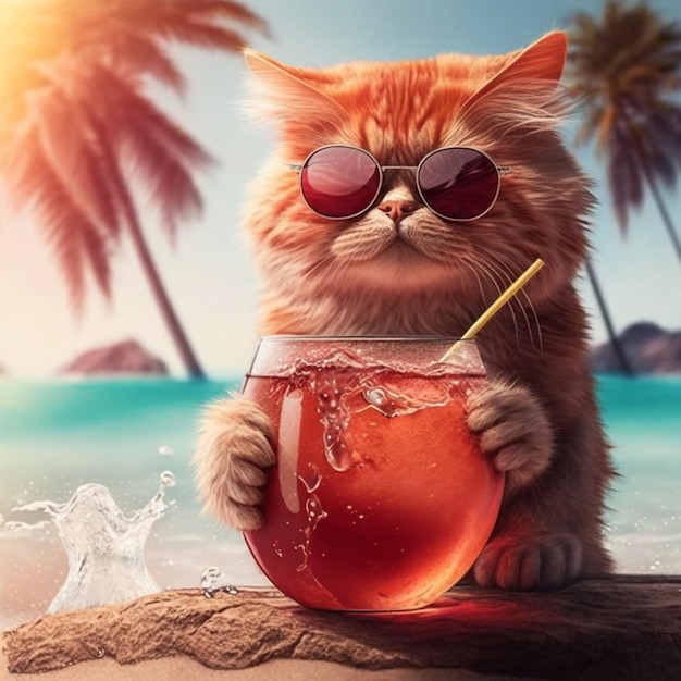 A cat with sunglasses and a drink on a beach