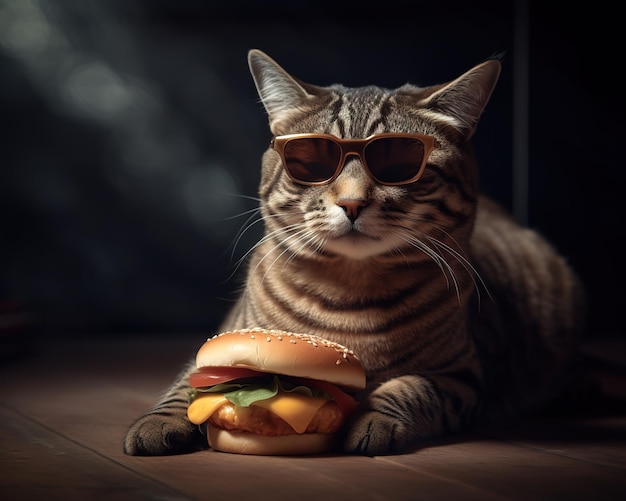 A cat with sunglasses and a hamburger on a wooden floor