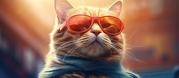 a cat with sunglasses looking down at its audience in the style of warm color palette