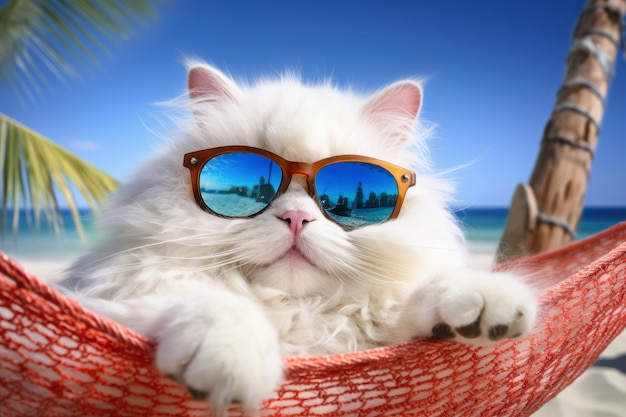 Cat with sunglasses lying in hammock