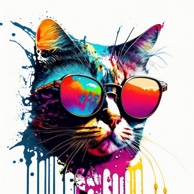 Cat with sunglasses in pop art and ink splash Generative AI