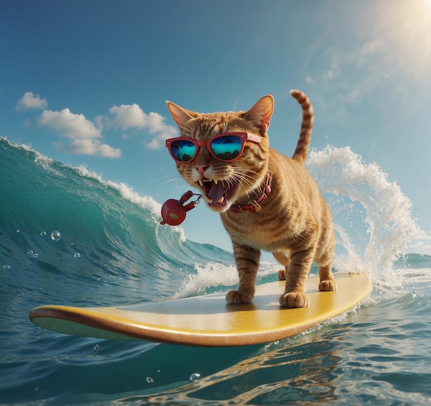 Photo a cat with sunglasses on a surfboard with a surfboard in the water