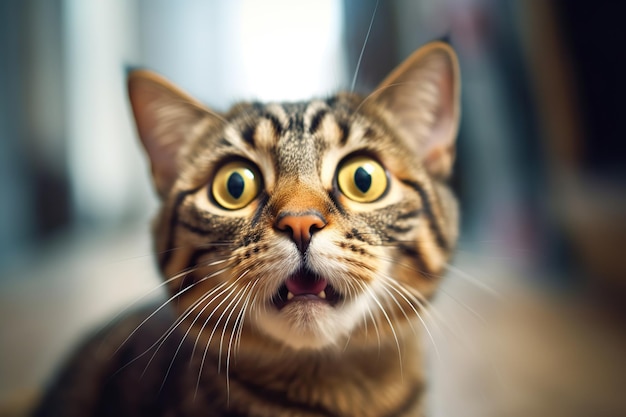 A cat with a surprised expression on its face