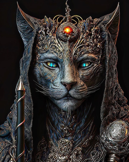 A cat with a sword and a blue eyes.