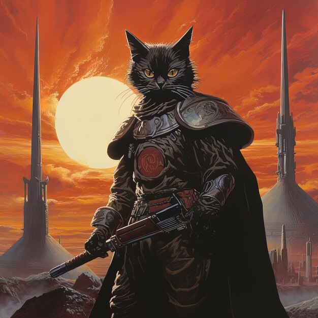 Photo a cat with a sword and a full moon in the background