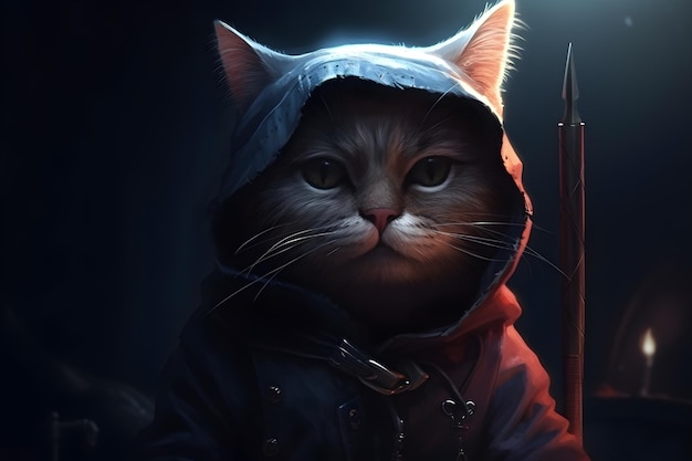 A cat with a sword in his hand