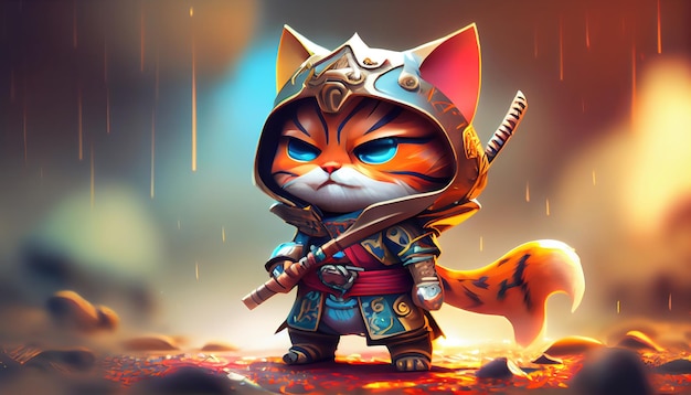 A cat with a sword on his head stands in the rain.