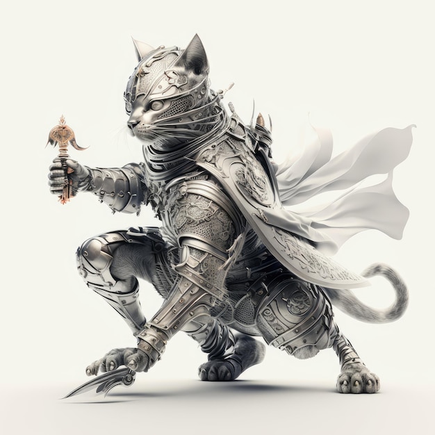 A cat with a sword is standing on a white background.