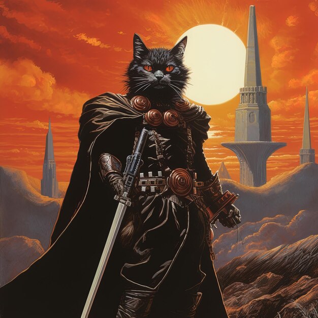 Photo a cat with a sword and the word evil on it