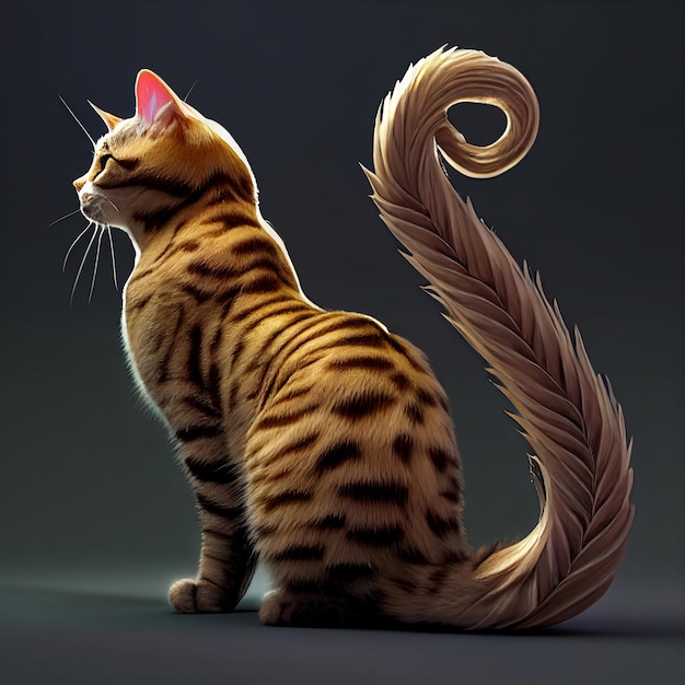 A cat with a tail curled around its back