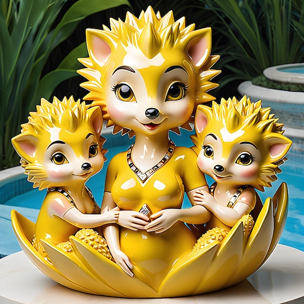 a cat with three cats on their backs sits in a banana shaped bowl