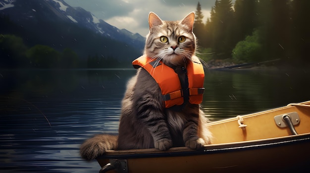 a cat with a tiny life vest on a boat near the shore