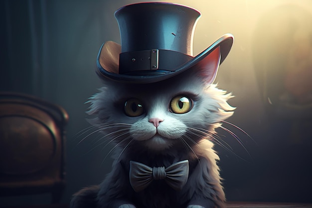 A cat with a top hat and a bow tie.