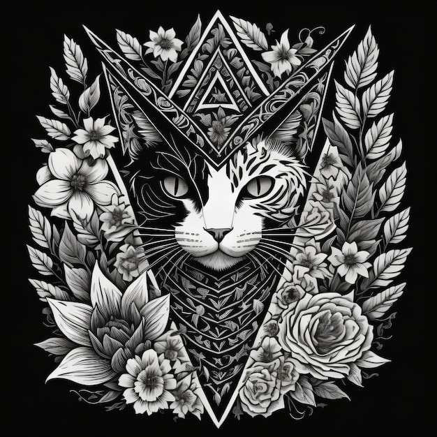 A cat with a triangle on its head is in a frame of flowers.