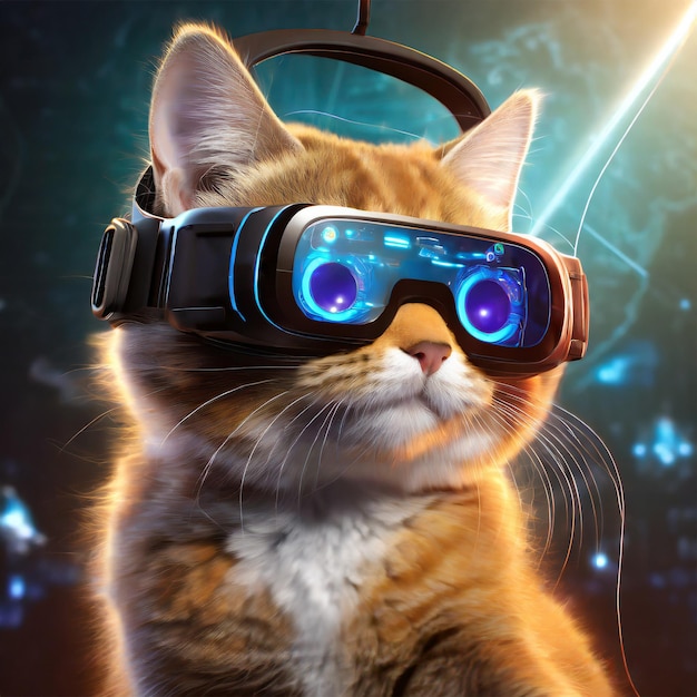 VR ゴーグルを持つ猫デジタル リアリティ コンセプト