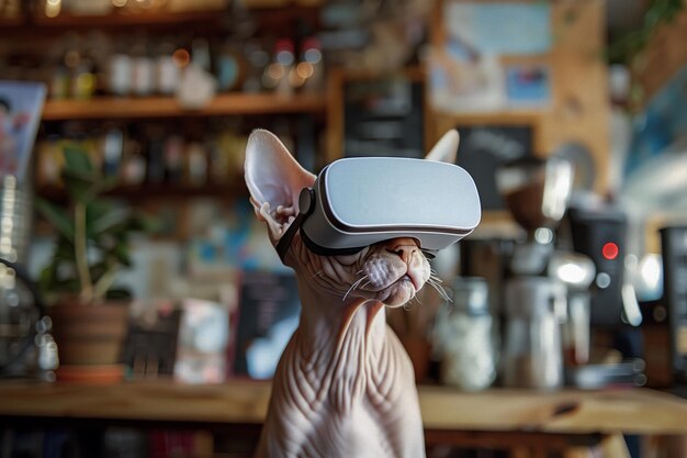 メタバースでVRヘッドセットを身につけた猫