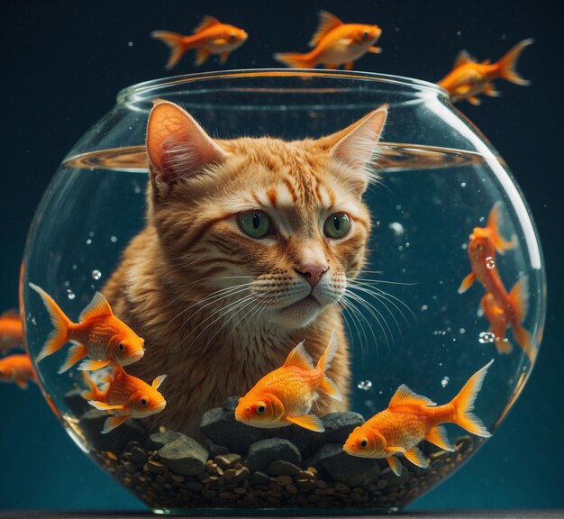 cat with water fish