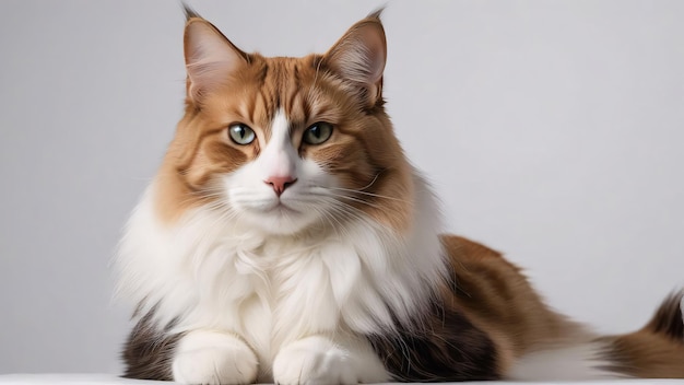 a cat with a white and brown face and a white chest