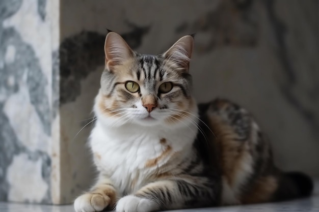 A cat with a white chest and black stripes sits on a marble floor.