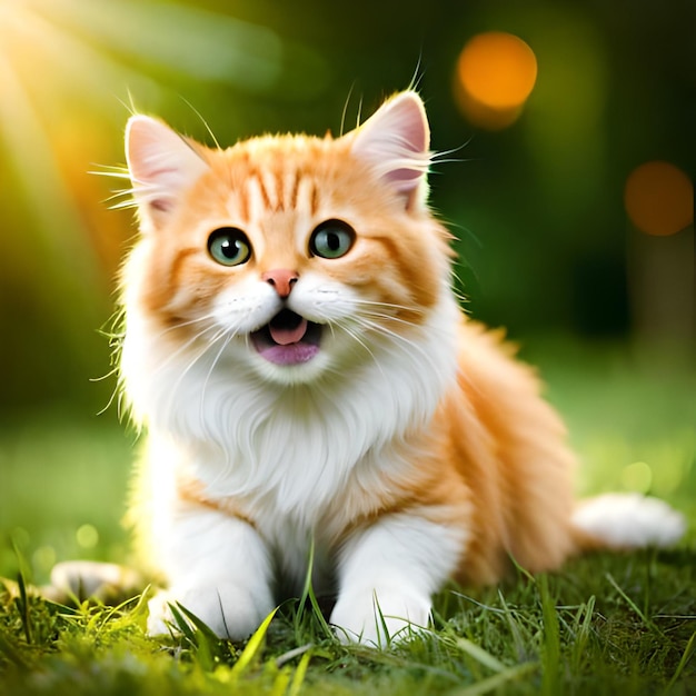 A cat with a white chest sits in the grass.