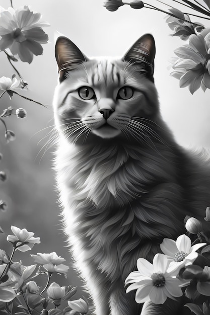 a cat with a white face and a black background with flowers