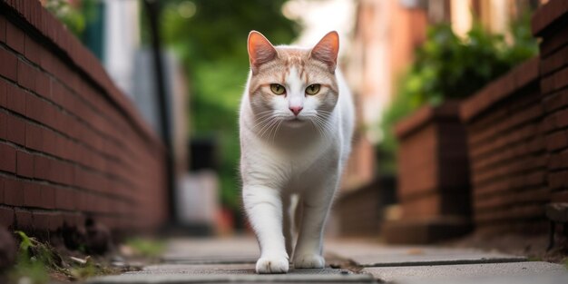 a cat with a white face and orange eyes is walking on a sidewalk.