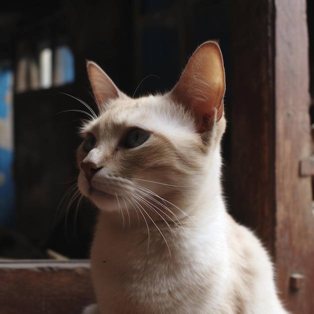 A cat with a white face and a pink nose sits in front of a wooden door.