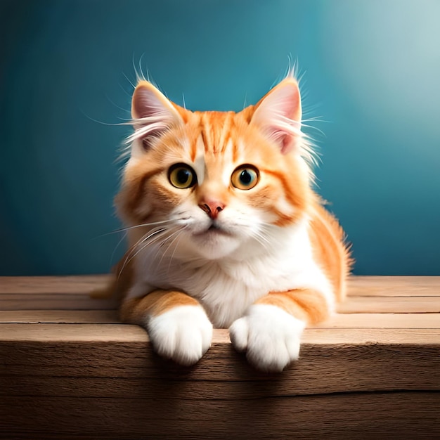 A cat with white paws and a blue background