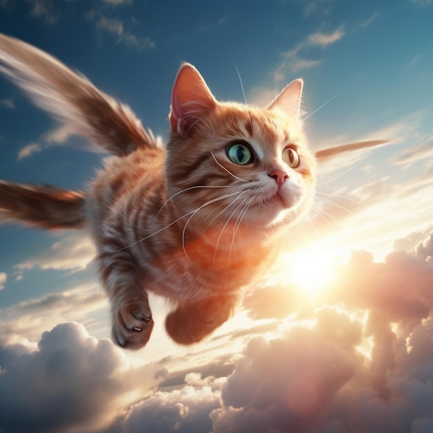 날개를 가진 고양이가 하늘을 날고 있습니다. 영화적인  아이는 예술을 만들어 냈습니다.