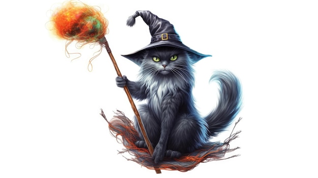 A cat with a witch hat and a broom