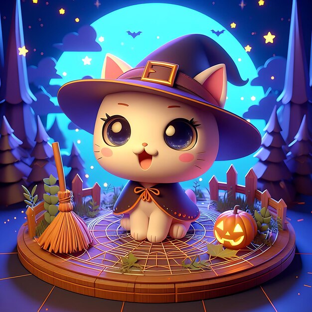 Photo a cat with a witch hat and a pumpkin on a table