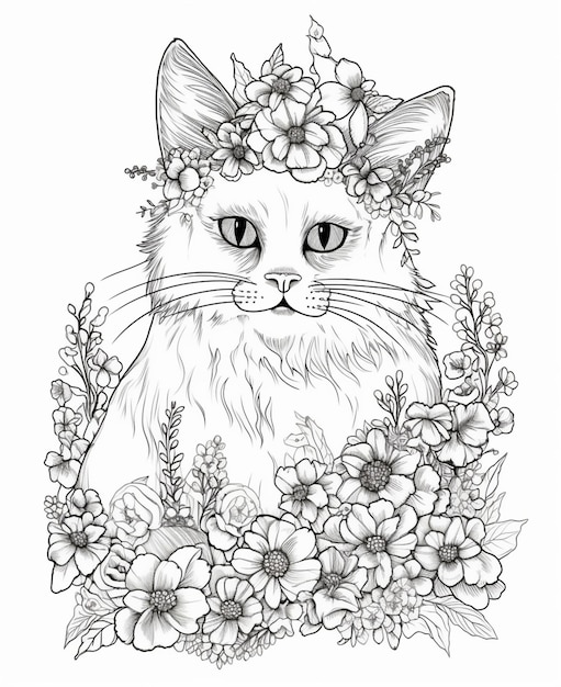 A cat with a wreath of flowers on his head.