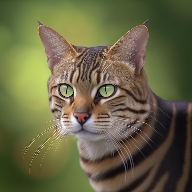 A cat with a yellow and black stripes on its face.