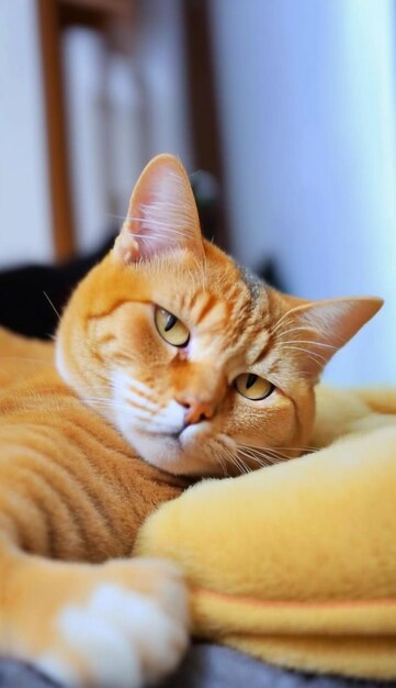 A cat with a yellow blanket on it