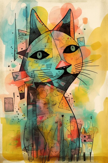 A cat with a yellow eye is drawn in a colorful painting.