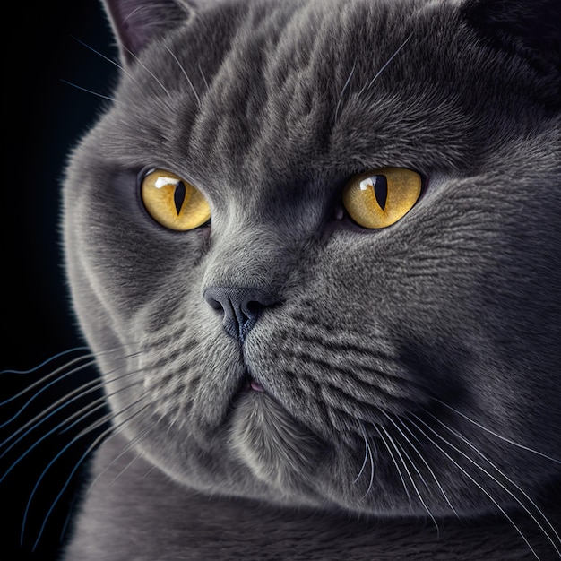 A cat with yellow eyes and a black background.