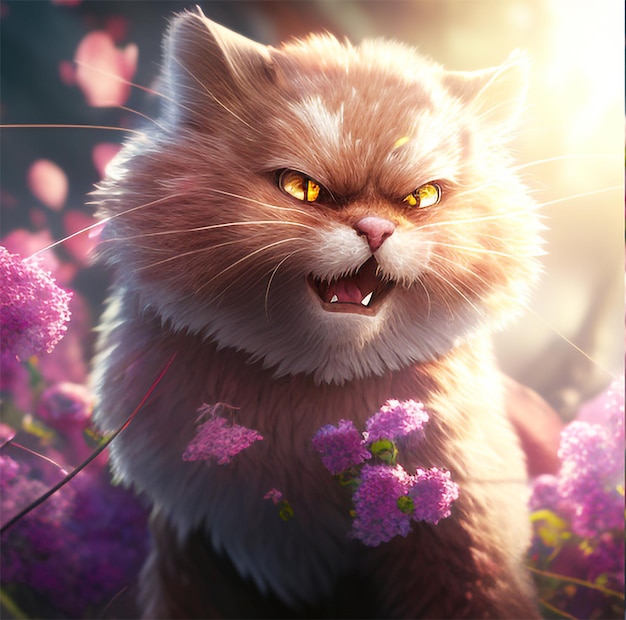A cat with yellow eyes is in a field of purple flowers.